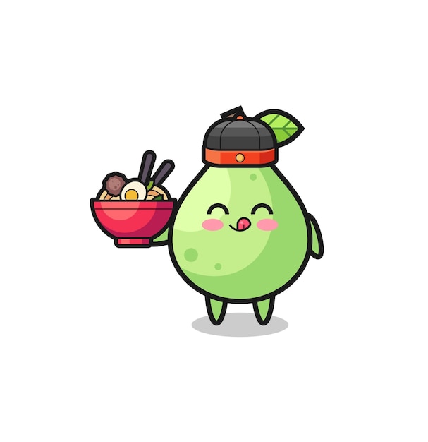 Guava as Chinese chef mascot holding a noodle bowl