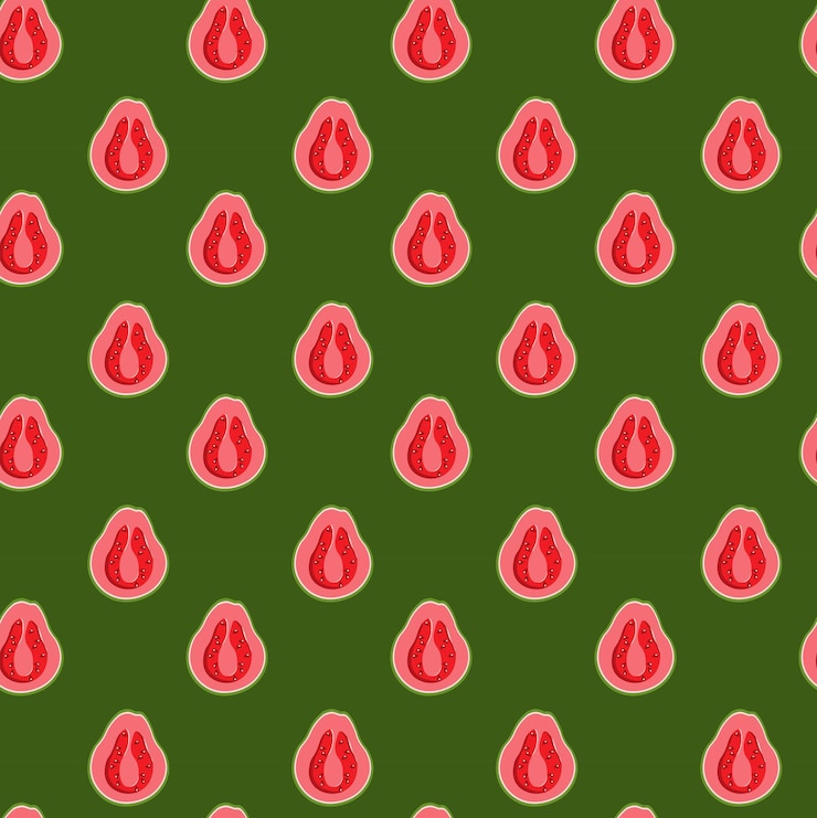 Vector guava flat seamless pattern on green background wrapping paper gift card poster banner design