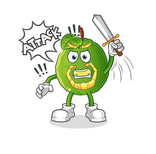 Guava knights attack with sword. cartoon mascot vector