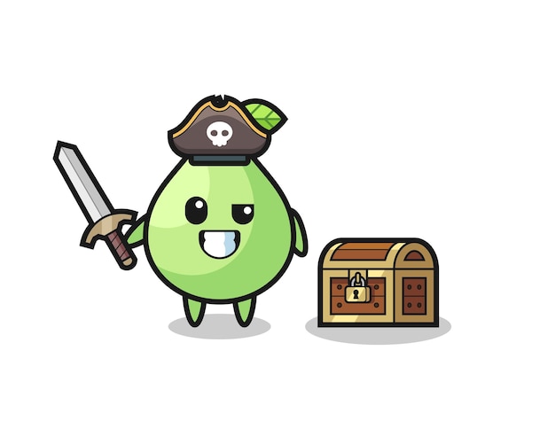 The guava pirate character holding sword beside a treasure box