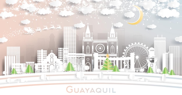 Guayaquil Ecuador City Skyline in Paper Cut Style with Snowflakes Moon and Neon Garland