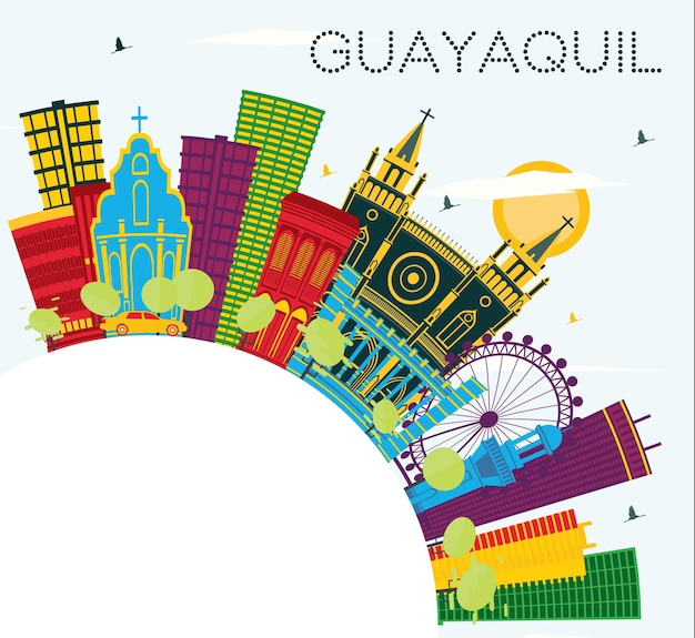 Горизонт города гуаякиль, эквадор, с цветными зданиями, голубым небом и копировальным пространством