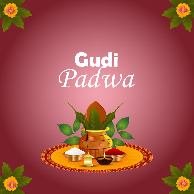 Gudi padwa celebration greeting card with traditional illustration of kalash