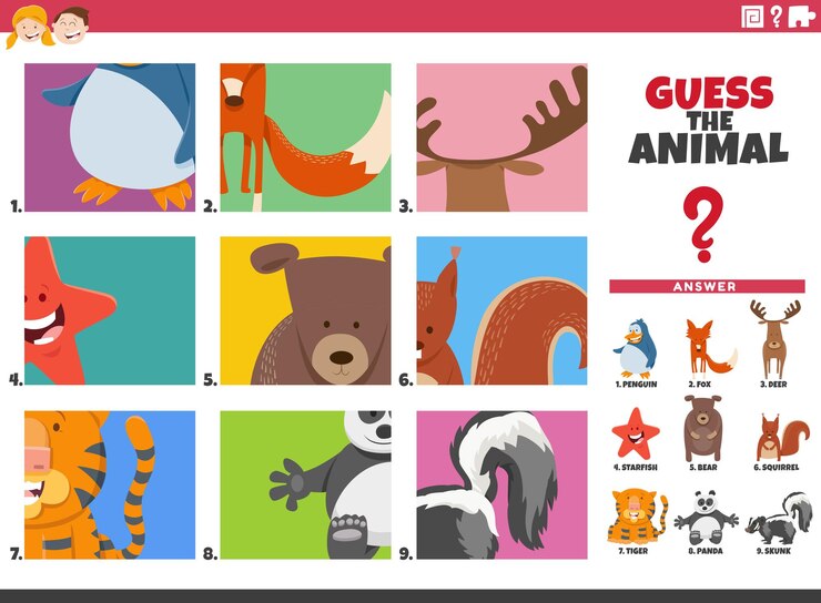 子供のための漫画の動物のキャラクターの教育ゲームを推測する