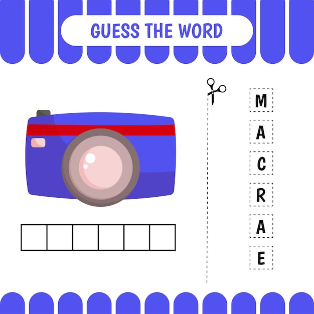 Guess the word educational learning game for preschool kids Camera Activity page Word puzzle Developing worksheet