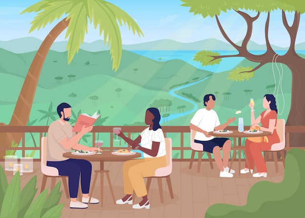 Guests enjoying food at exotic resort flat color vector illustration