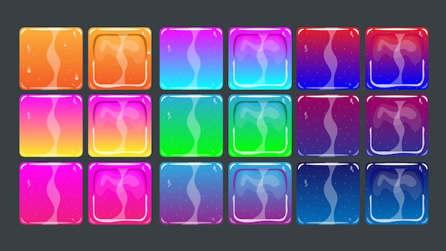 Gui assets, multicilored slime buttons. cartoon colorful square glossy frames set. vector elements