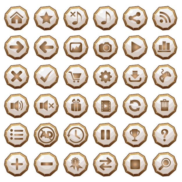 Gui buttons wood icons set for game interfaces white.