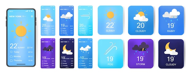 Gui-elementen voor weersvoorspelling mobiele app realistische telefoon temperatuur weersomstandigheden gebruikersinterface generator ui ux toolkit vector illustratie