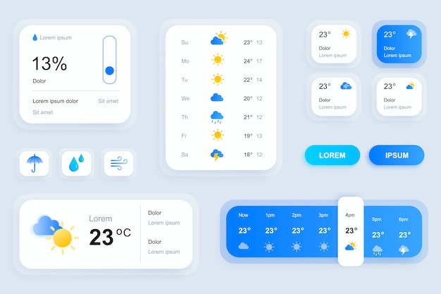 Gui elements for weather forecast mobile app ui, ux toolkit