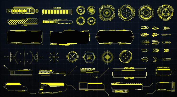Vector gui hud ui futuristic elements set sci fi holographic hud user interface elements high tech bars and frames isolated arrows pointers loading circles sight callout bar labels vector