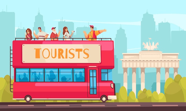 Guida composizione turistica escursione con autobus turistico e persone in uno scenario urbano all'aperto con illustrazione del paesaggio urbano