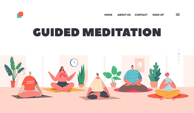 Vector guided meditation landing page template characters yoga class yogi men and women meditate in large hall