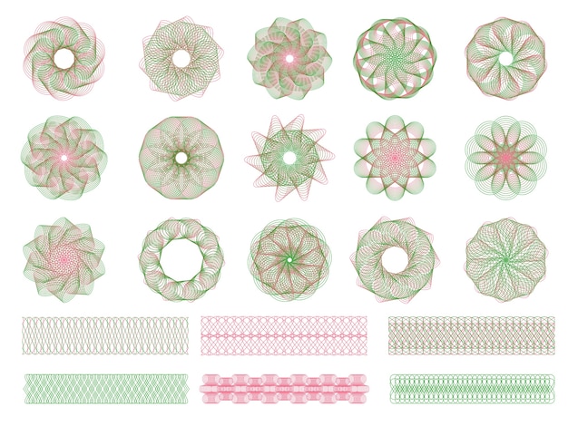 Collezione guilloche. incisione di forme di filigrane di sicurezza per documenti, certificati e banconote, forme simmetriche. buono filigrana, illustrazione del certificato di ornamento rabescato