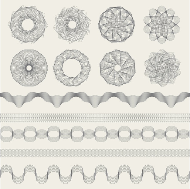 기 로쉐 그래픽. 쿠폰 돈 지폐 또는 인증서 표지판 컬렉션 모양에 대 한 빈티지 조각 파도. 인증서 웨이브 그래픽 워터 마크, 장식 패턴 일러스트