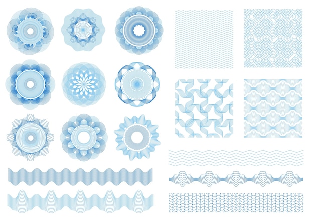 Гильошированные розетки граничат с бесшовными узорами, денежные водяные знаки, гильошированные элементы, банкноты и сертификаты, водяные знаки безопасности, векторный набор