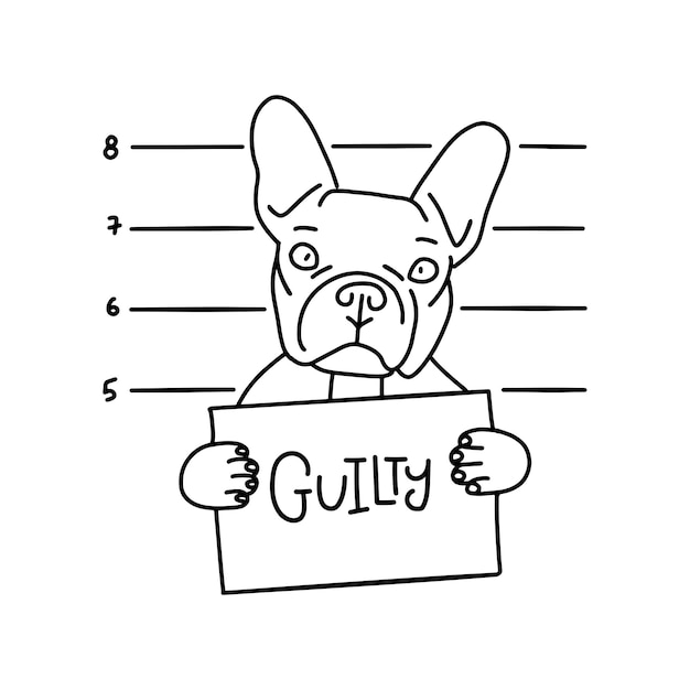 Vector guilty concept. bulldog bad boy. dog with sign in the paws in prison. police mugshot background. bulldog criminal. arrested dog. linear vector illustration.