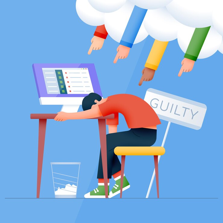 Vector guilty workplace character with computer bowed his head