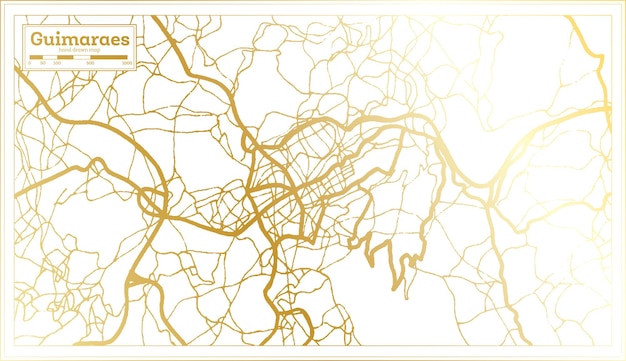 Mappa della città di guimaraes portogallo in stile retrò con mappa di contorno a colori dorati