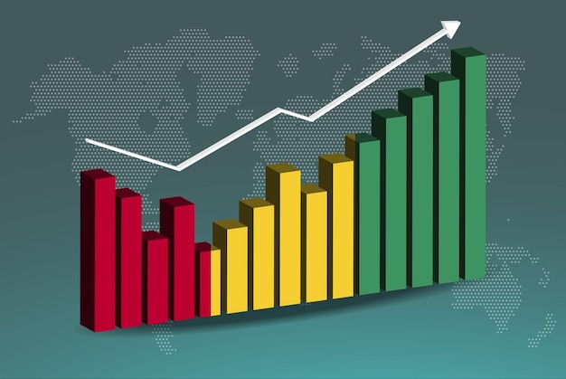 Vettore grafico a barre guinea 3d con alti e bassi valori crescenti freccia ascendente sui dati