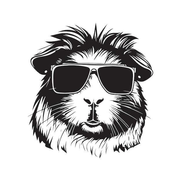 Guinea pig wearing sunglasses vintage logo line art concept black and white color hand drawn illustration