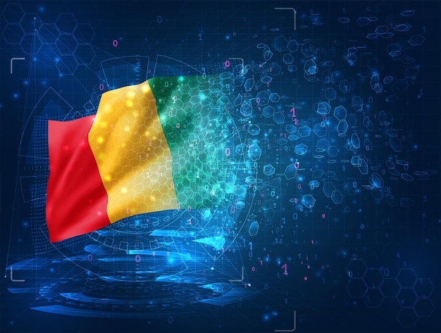 Гвинея, вектор 3d флаг на синем фоне с интерфейсами hud