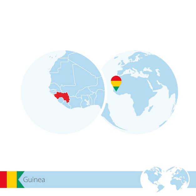 Vettore guinea sul globo del mondo con bandiera e mappa regionale della guinea. illustrazione di vettore.