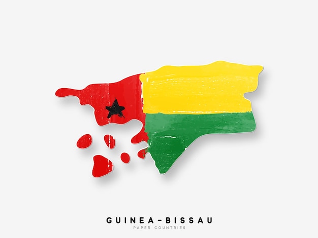 Guinee-Bissau gedetailleerde kaart met vlag van het land. Geschilderd in aquarelverfkleuren in de nationale vlag.