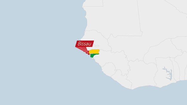 Guinee-bissau-kaart gemarkeerd in de vlagkleuren van guinee-bissau en pin van de hoofdstad bissau