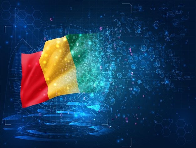 Guinee, vector 3D-vlag op blauwe achtergrond met hud-interfaces