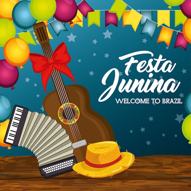 Guitar accordion and hat on wooden table with balloons and banners over blue background Vector illus