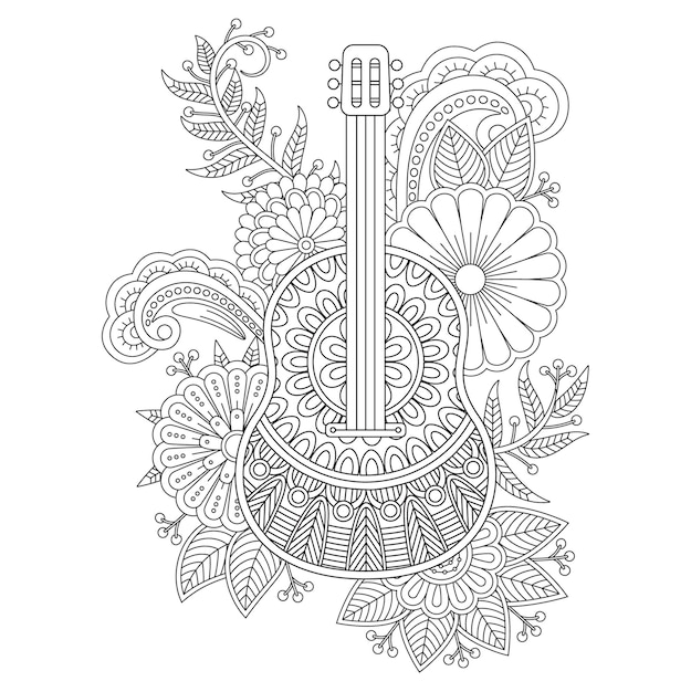 Guitar Coloring pages with flower style for adult