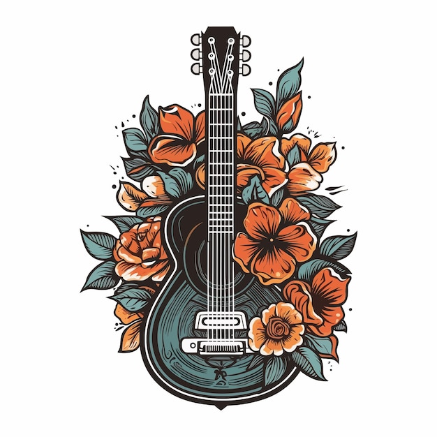 Illustrazione disegnata a mano di progettazione di logo del fiore della chitarra
