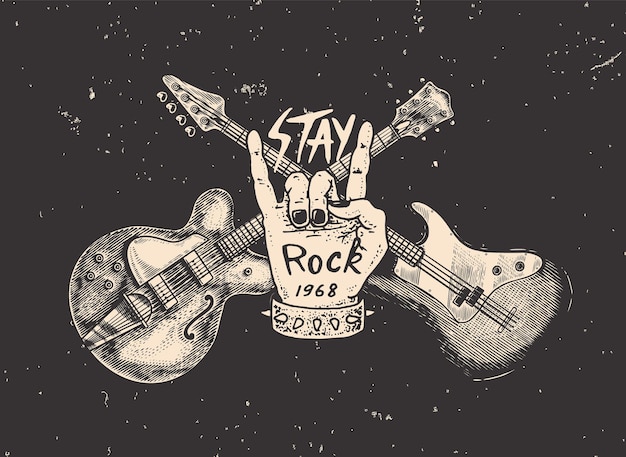 Vector guitar and hand for jazz festival drawn grunge sketch with a tattoo or tshirt