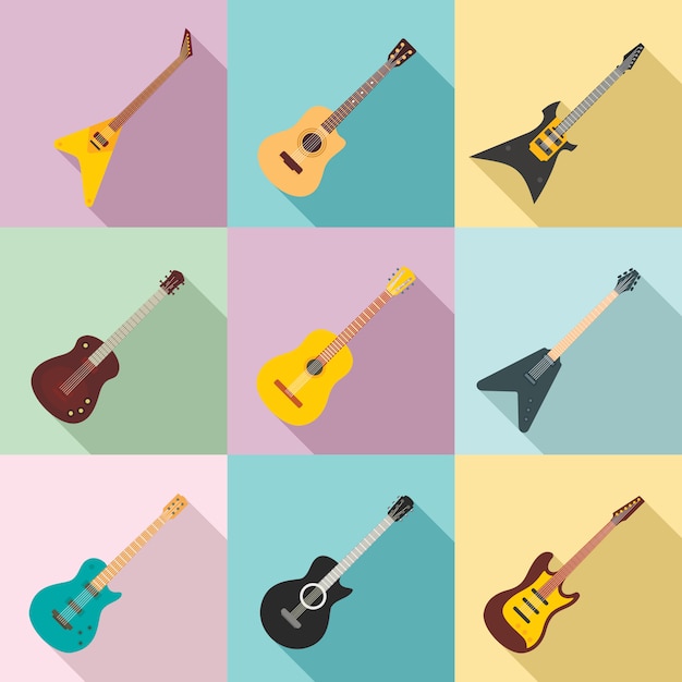 Guitar icons set, flat style