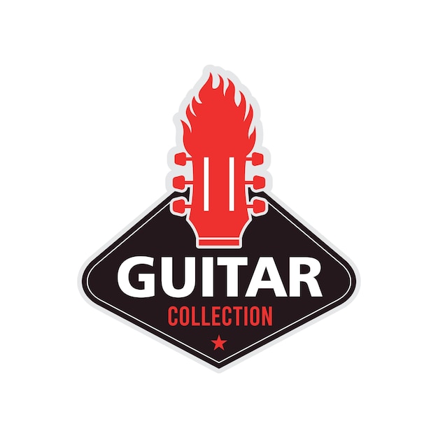 Logo con chitarra di fuoco rock n roll musica adesivi badge patch design ispirazione