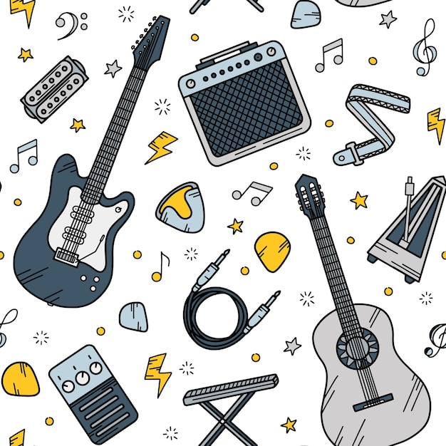 Vector guitar music seamless pattern in doodle style