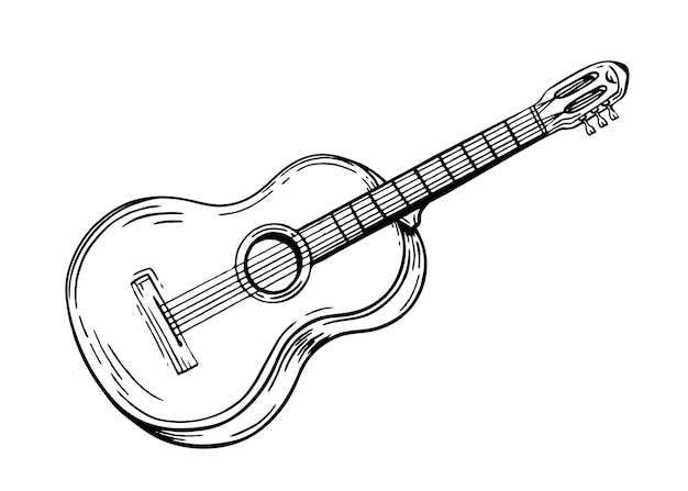 Guitar musical instrument style hand drawn Vector black and white doodle