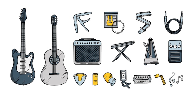 Guitar musical instruments set in Doodle style