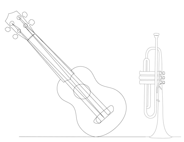 Guitar and musical trumpet one line drawing outline vector