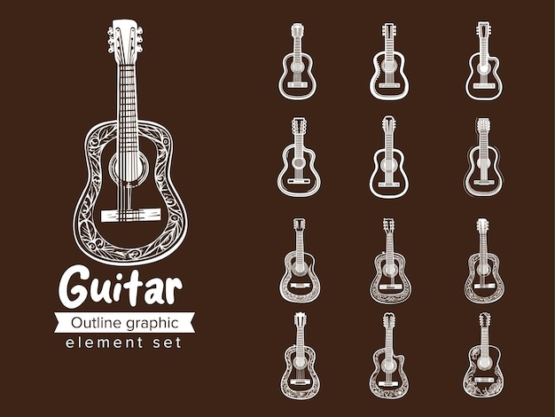 Guitar outline doodle sketch vector set collection