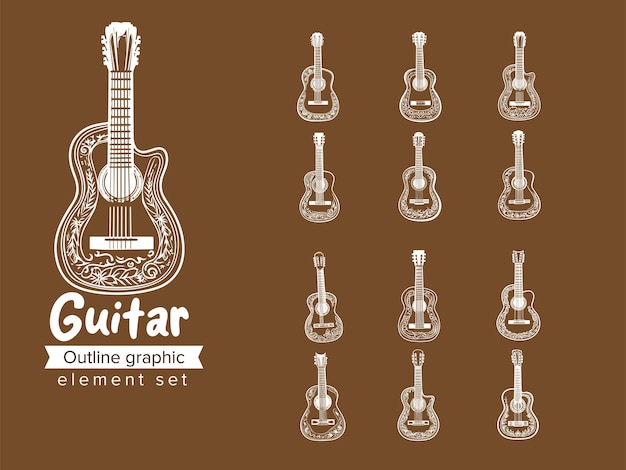 Guitar outline doodle sketch vector set collection