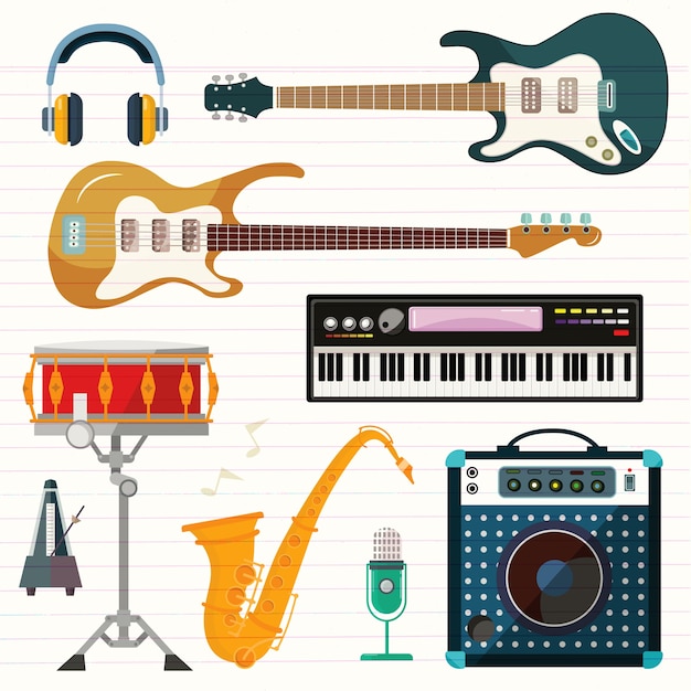 Vector guitar, piano and drum station vector icons.