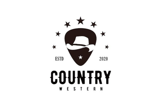 guitar pick with cowboy or sheriff hat western country music logo design