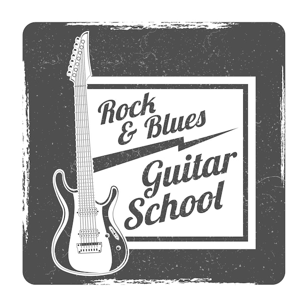 Scuola di chitarra grunge logo disegno vettoriale illlustration isolato su bianco