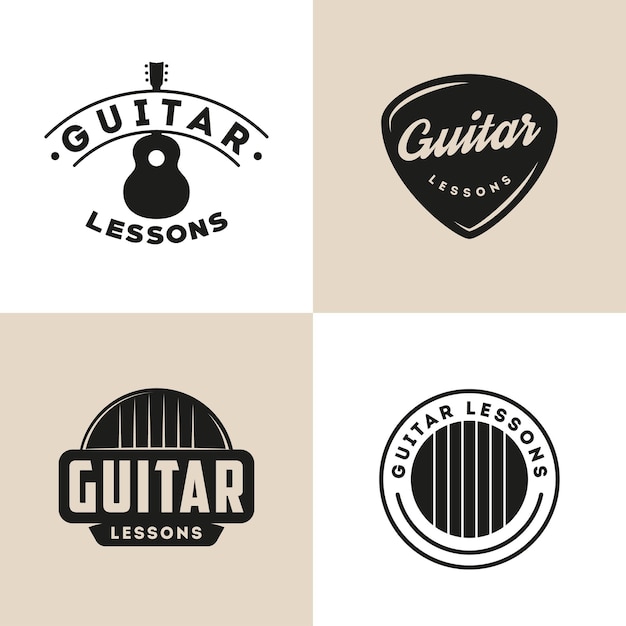 Vector guitar school isolated logos music lessons retro labels badges emblems