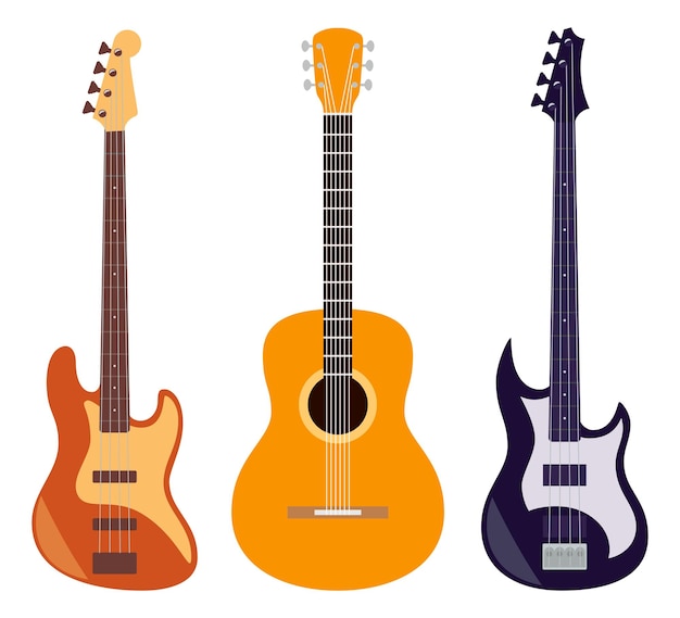 Guitar set Acoustic and electric guitars isolated on white background String musical instruments Cute flat style vector illustration