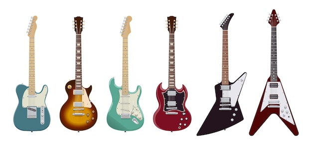 Guitar set. Realistic electric guitars on white background. Musical Instruments. Vector illustration. Collection