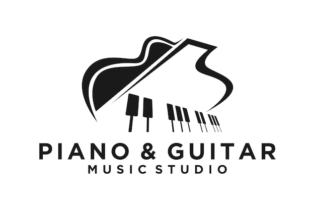 Vector guitar strings and piano key music instrument logo design