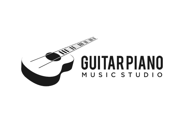 Corde per chitarra e design del logo dello strumento musicale con tasti di pianoforte